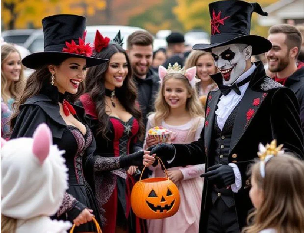 Families in Halloween costumes gathered outdoors at an evening trunk-or-treat event